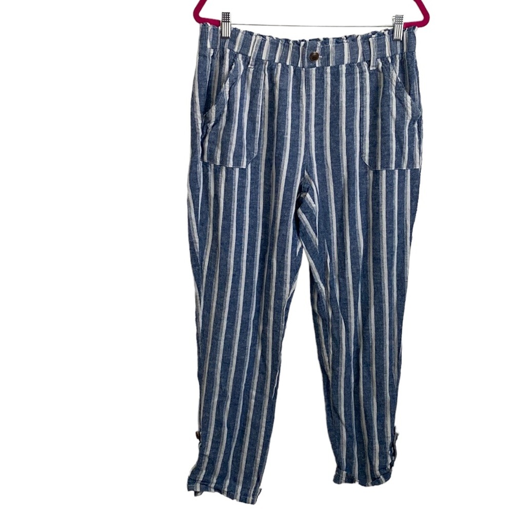 SO Women’s Tapered Leg Linen Blend Pants Blue Striped Mid Rise XL